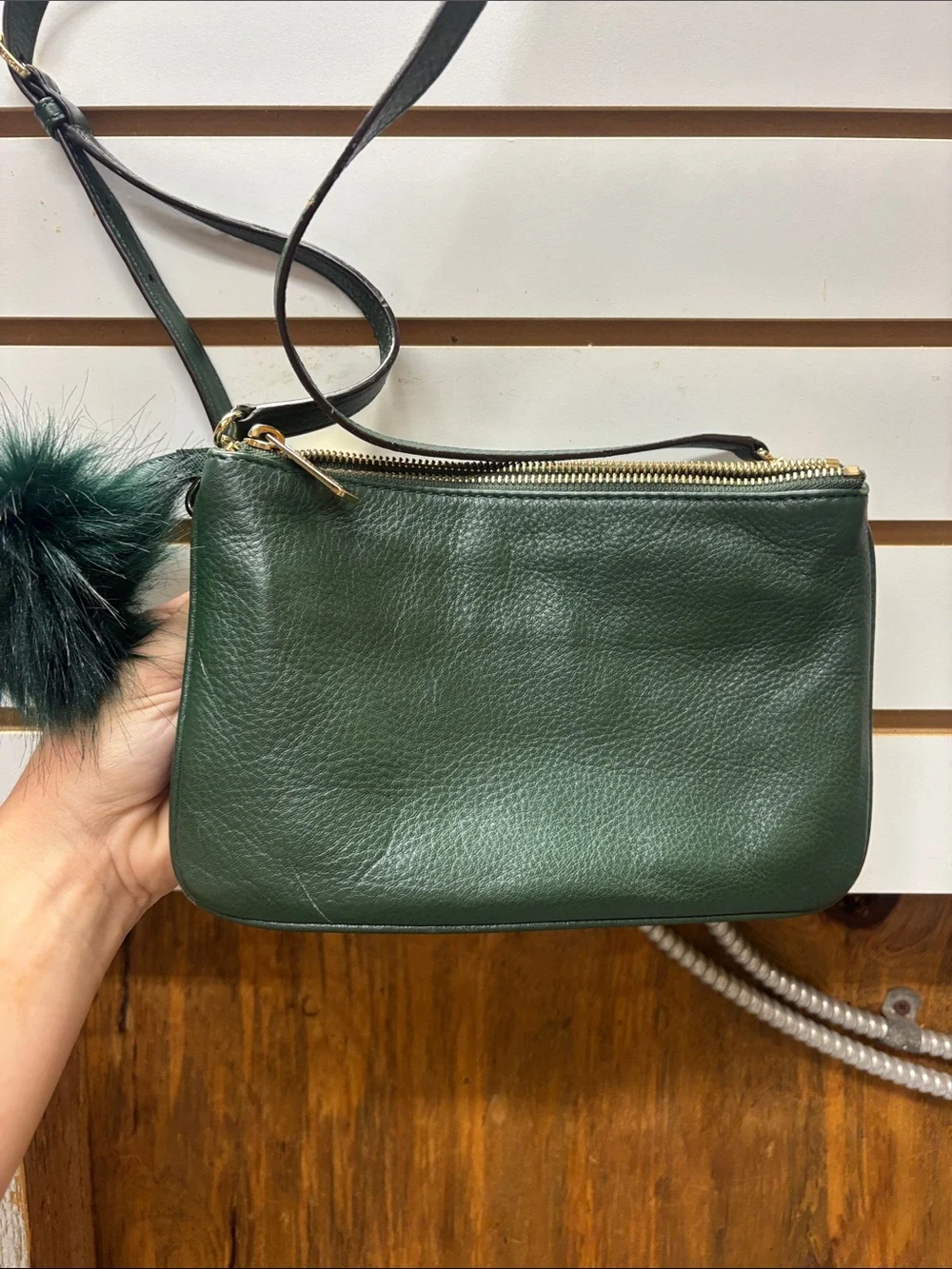 MICHAEL KORS Forest Green Leather Crossbody with Pom-Pom